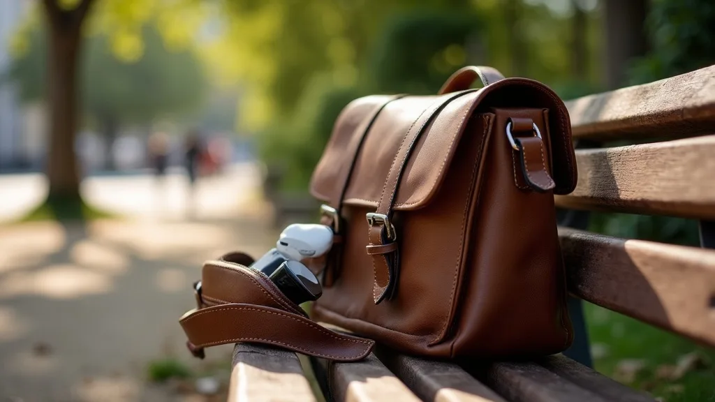 sac en cuir ouvert sur un banc avec telephone a Marseille