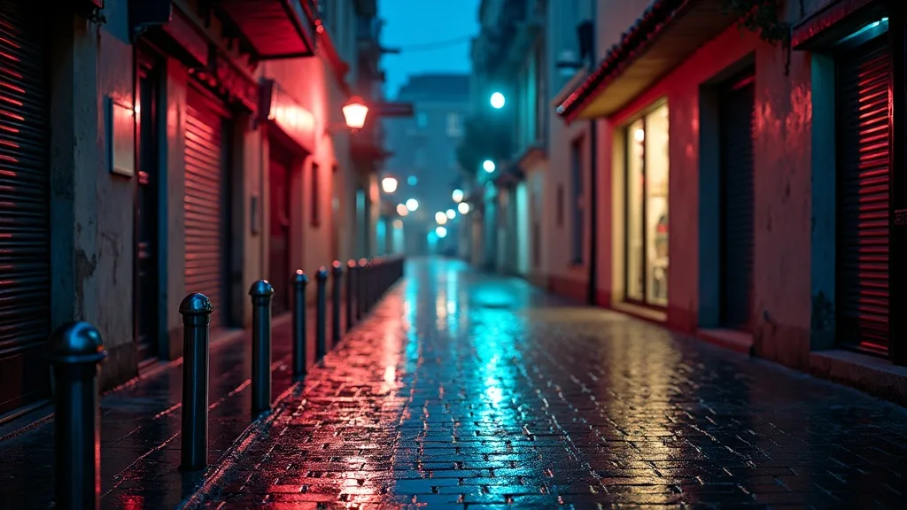 Ruelle pavee mouillee reflets neon a minuit a Marseille