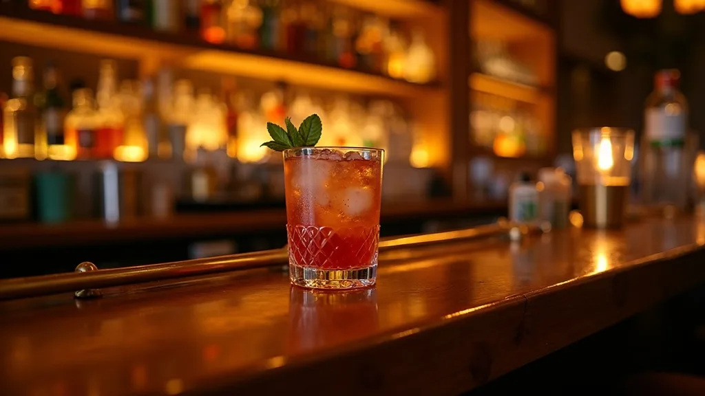 Comptoir de bar cocktail en laiton et bouteilles ambrees a Marseille